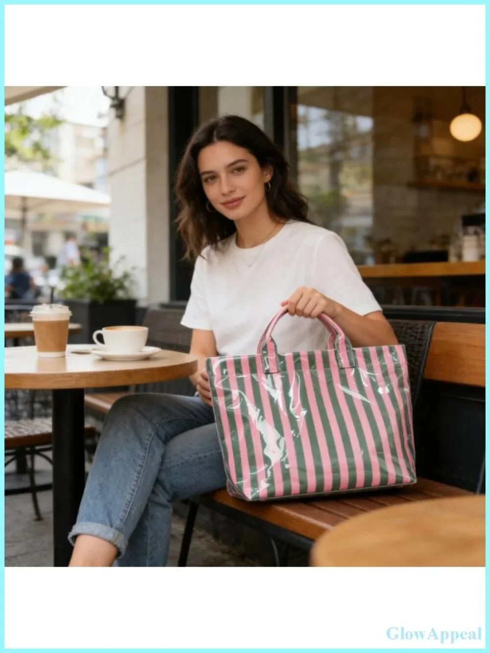 Striped PVC Tote Bag Waterproof Top Handle Handbag Beach Travel